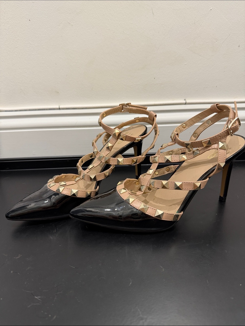 Studded Strappy Pointed-Toe Pumps - Black and Nude - Picture 2 of 4
